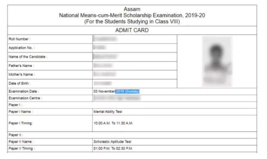 NMMS admit card (Assam State)
