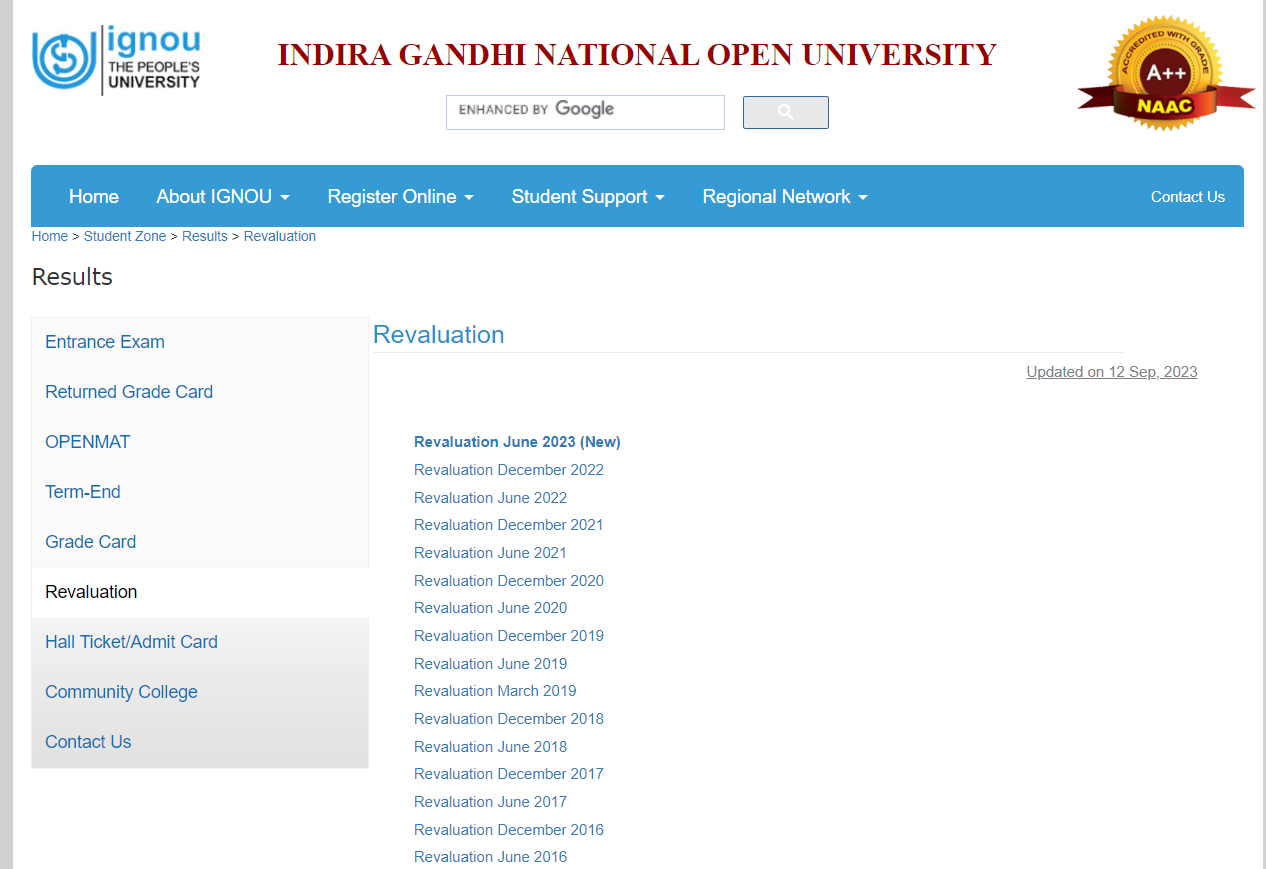 IGNOU Revaluation Result 2024 (Out), ignou.ac.in June and December TEE