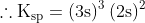 \mathrm{\therefore K_{sp}= \left ( 3s \right )^{3}\left ( 2s \right )^{2}}