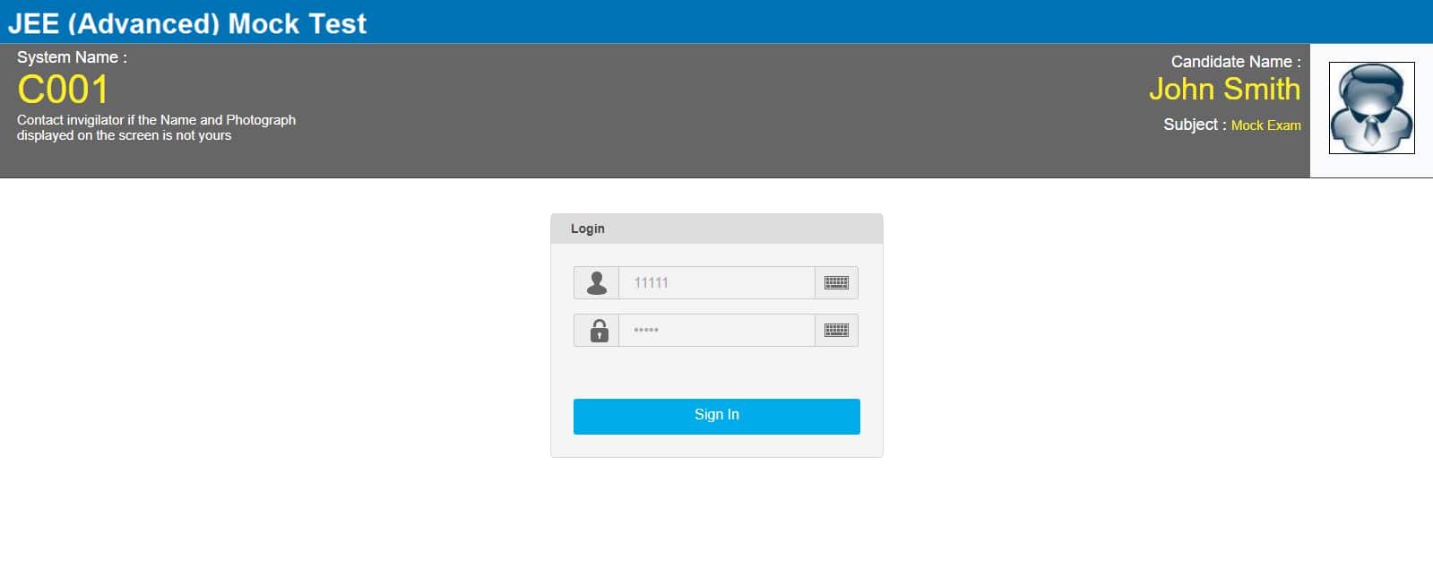 JEE Advanced Mock Test Login Window