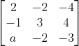 \\\\\mathrm{\begin{bmatrix} 2 & -2 & -4\\ -1 & 3 & 4\\ a & -2 & -3 \end{bmatrix}}