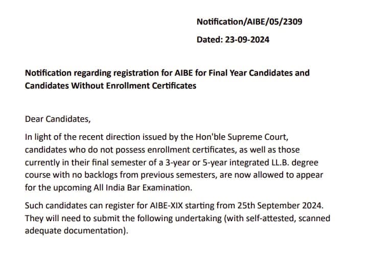 BCI notifies AIBE 19 registration instructions for final-year law students