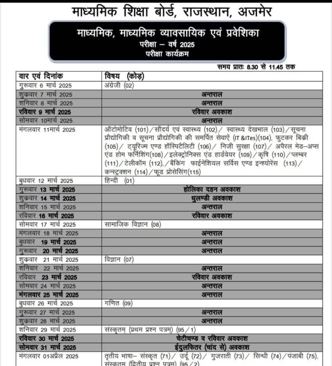 RBSE 10th and 12th Exam 2025