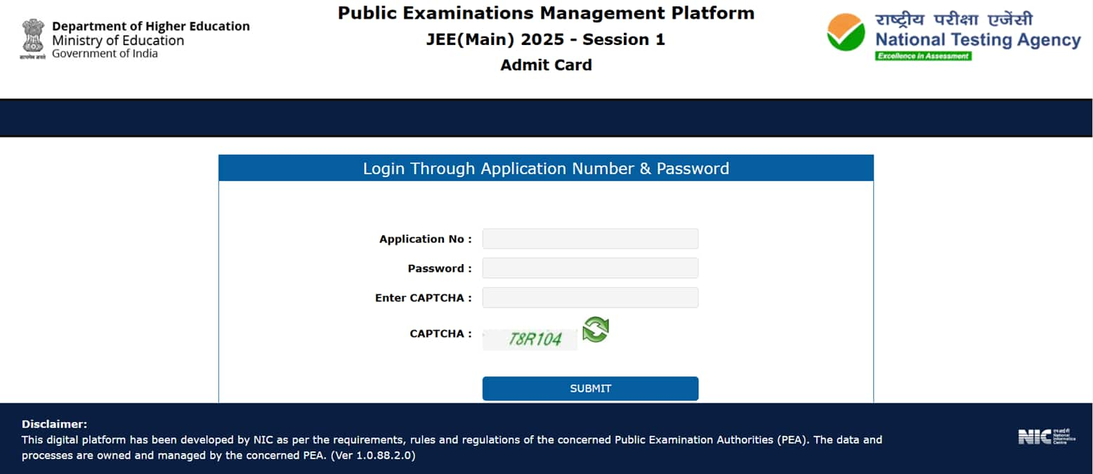 JEE Main login page for JEE Main 2025 admit card