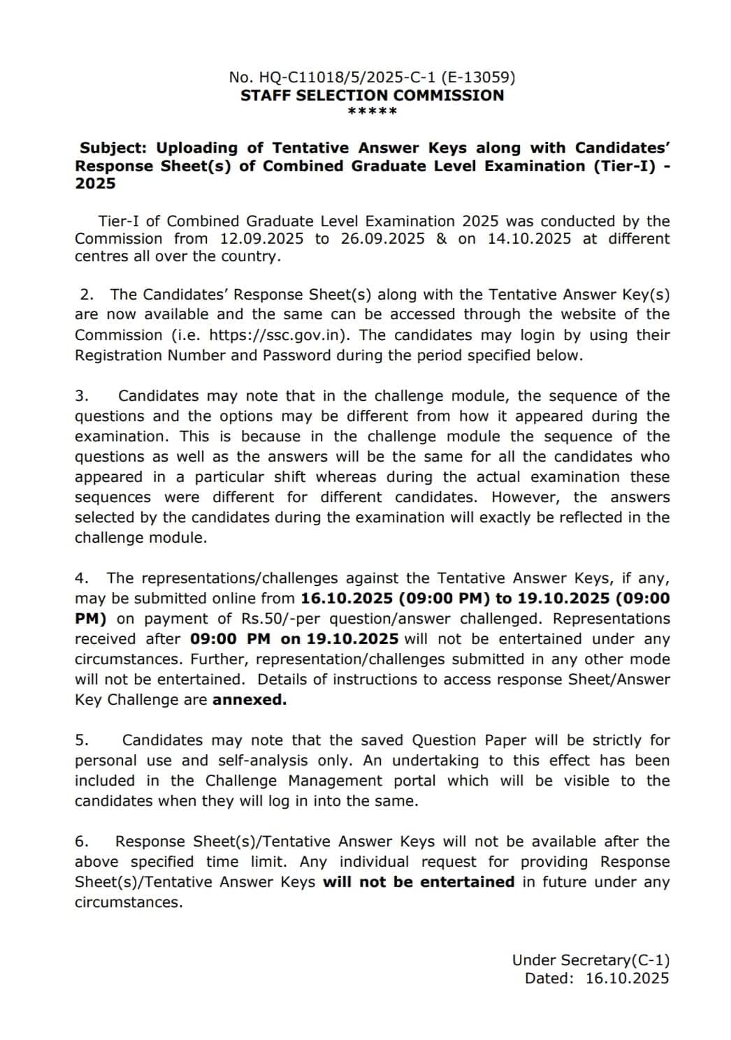 SSC CGL tier-1 answer key challenge window will be closed on October 19. 