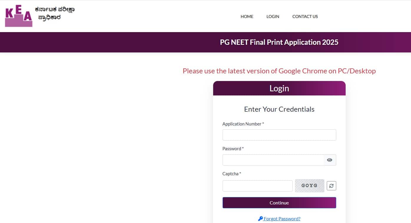 KEA NEET PG application print link active on official website. 