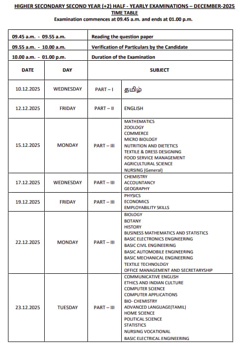 Tamil Nadu Class 12 Half-Yearly Exam Time Table 2025-26