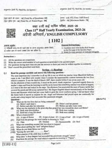 RBSE Class 11 English Half-Yearly Question Paper 2025-26