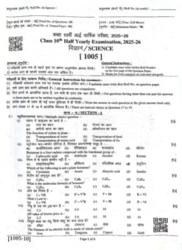 RBSE Class 10 Half-Yearly Science Question Paper 2025