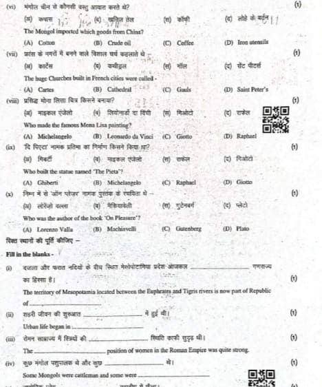 RBSE Class 11 Half-Yearly History Question Paper PDF