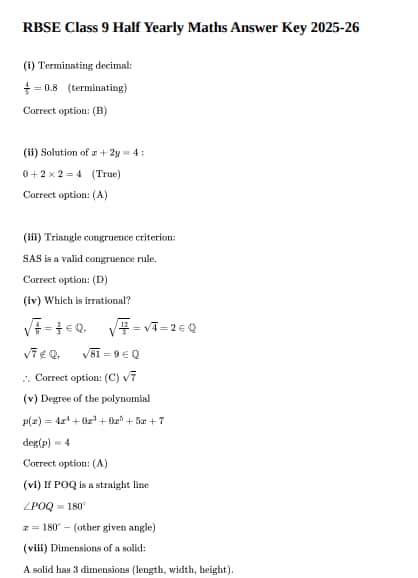 RBSE Class 9 Half Yearly Maths Answer Key 2025-26 PDF