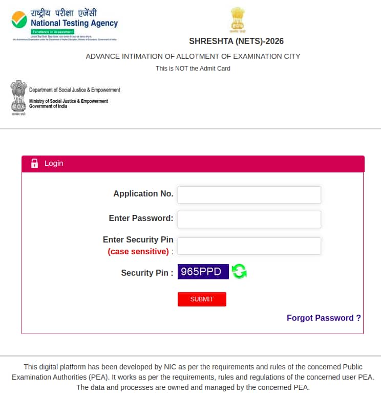 SHRESHTA NETS City Intimation Slip Window