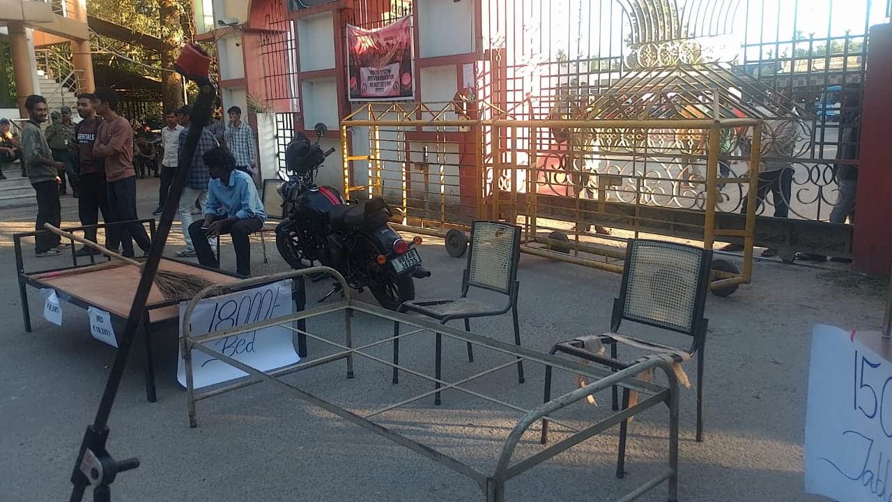 tezpur university protest site has tables, chairs, beds with what they cost displayed