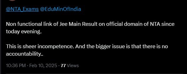 500 server error on official JEE Mains 2025 result website jeemain.nta.nic.in irking students