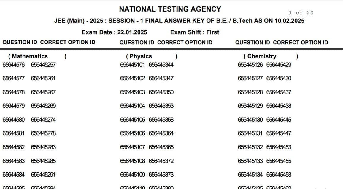 JEE main 2025 final answer key download link available at jeemain.nta.nic.in.