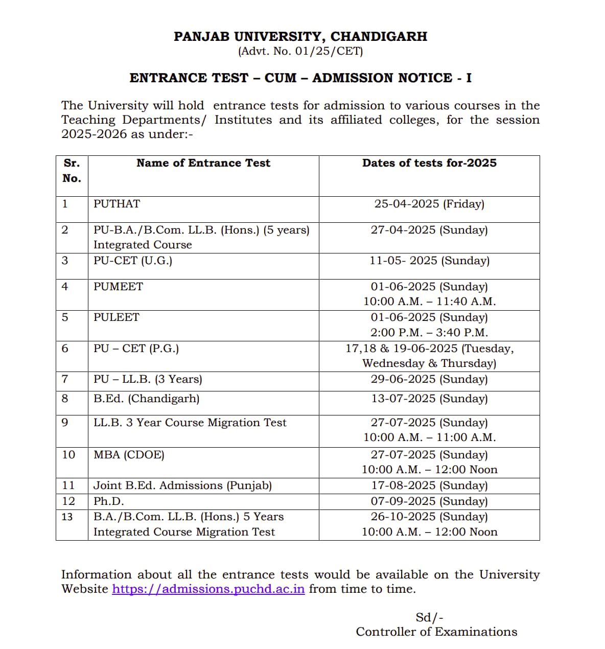 Panjab University Entrance Exam 2025 Notification