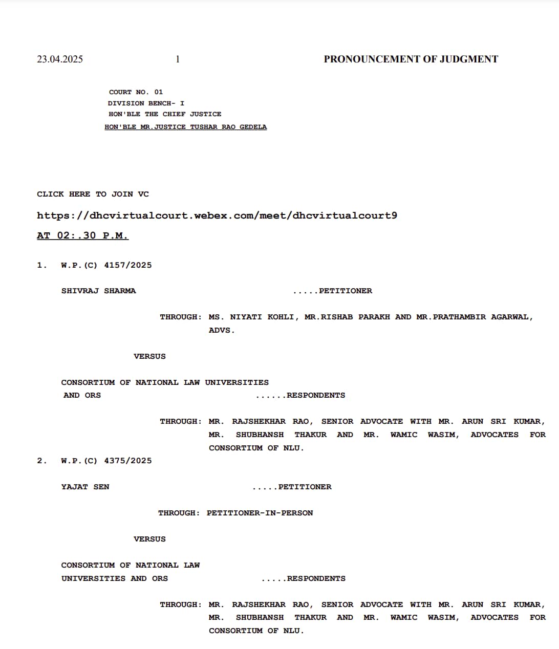 1745387158344CLAT UG 2025 Hearings in Delhi HC from April 7-9, 2025