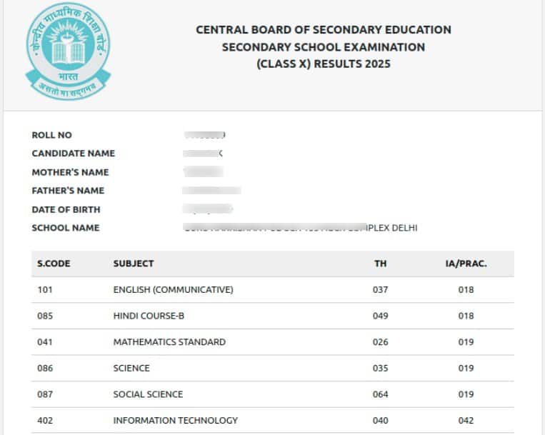 CBSE 10th Result 2025 Marksheet