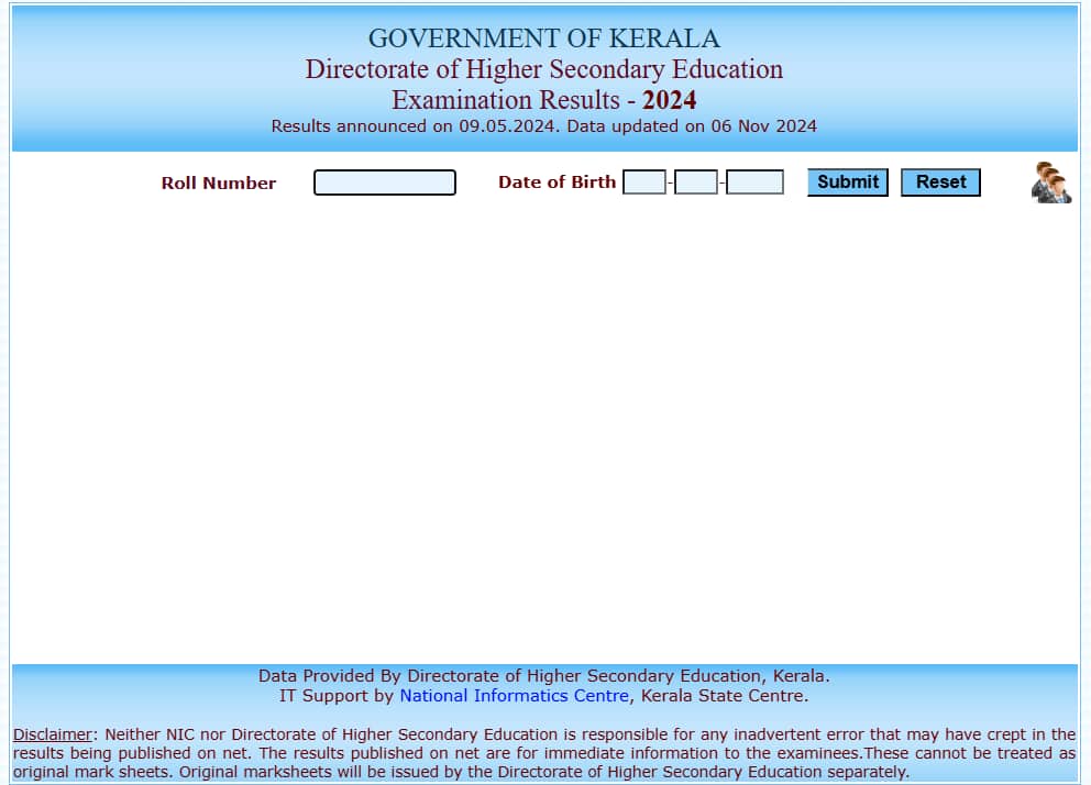 Kerala Plus 2 Result Window by Roll Number and DOB