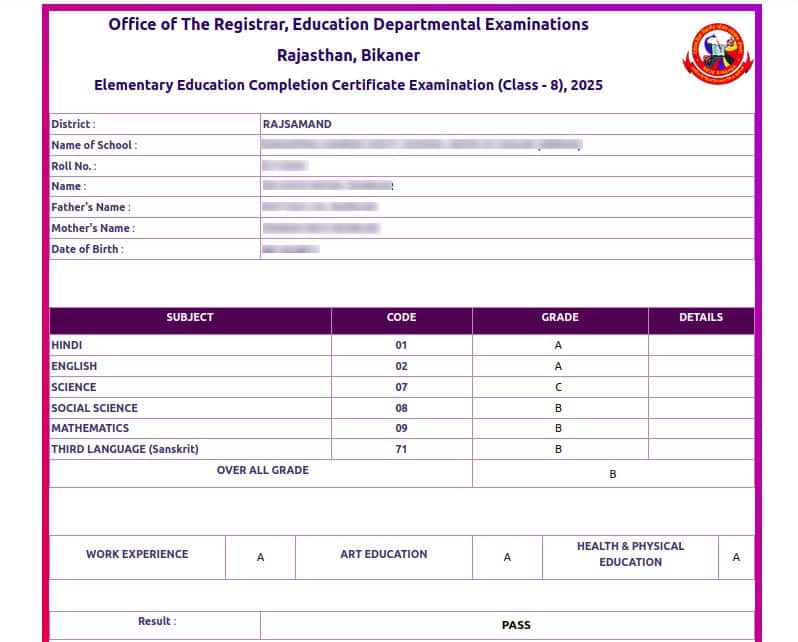 Shala Darpan 8th Result 2025 Marksheet