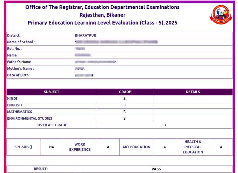 rbse-5th-result-marksheet-2025