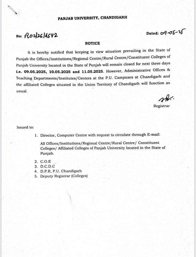 Panjab University cancels exams and closes colleges for 3 days amid India Pakistan war 2025. 