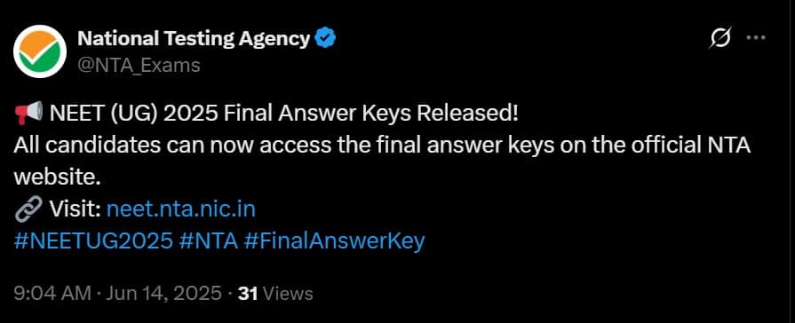 NEET UG final answer key and result declared today at neet.nta.nic.in. 