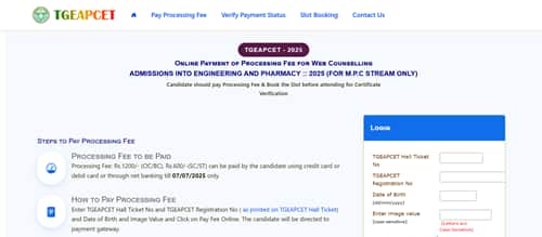 TS EAMCET counselling 2025 fee payment link active at tgeapcetd.nic.in