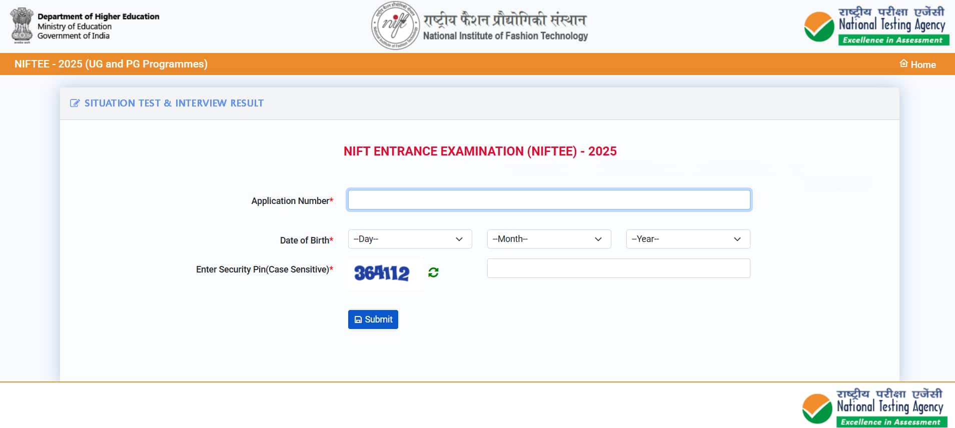 NIFT Situation Test Result Login Window