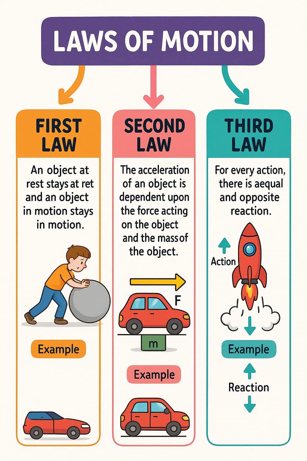 The image illustrates Newton's Three Laws of Motion with corresponding examples