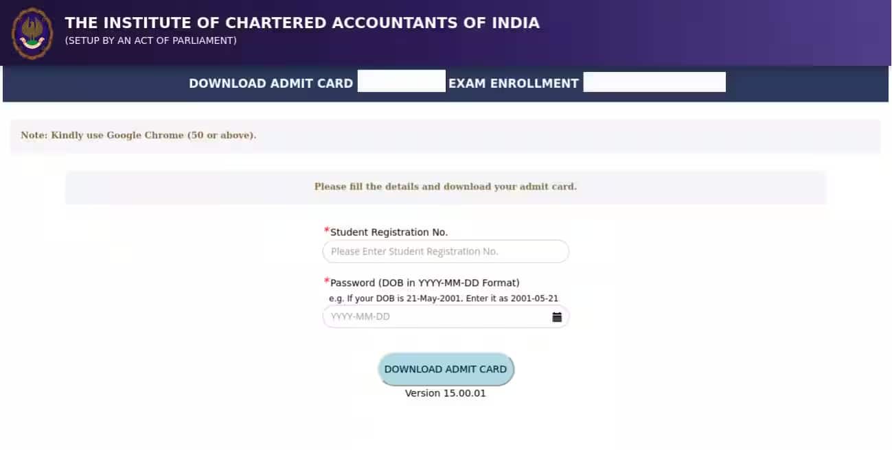 CA Inter Admit Card login window