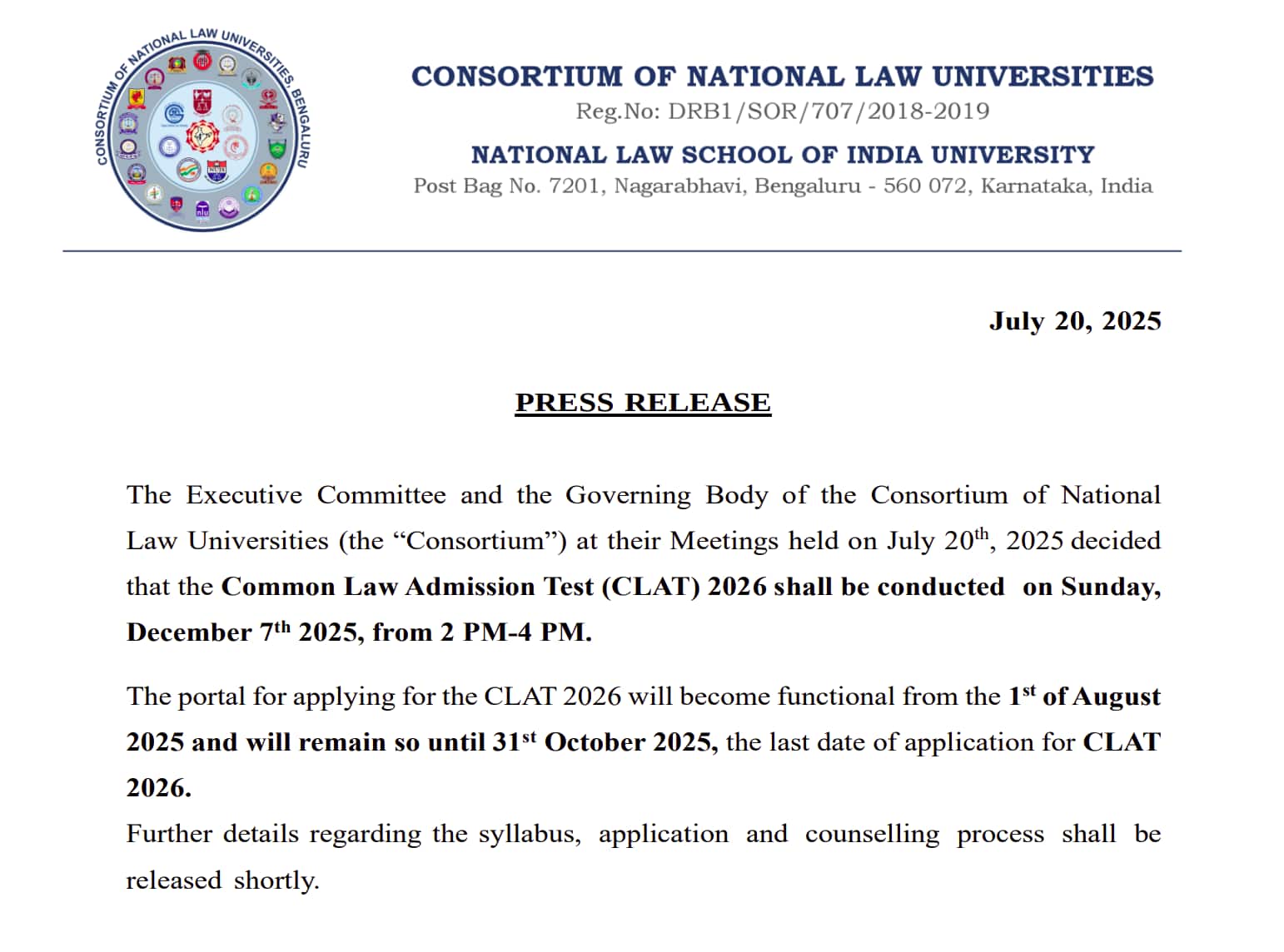 CLAT 2026 Exam Date Notification