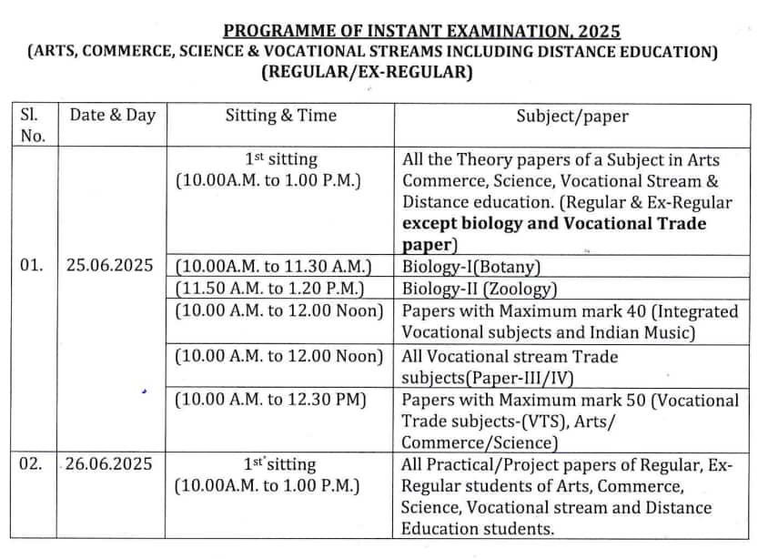 Odisha 12th Supplementary Exam Schedule 2025