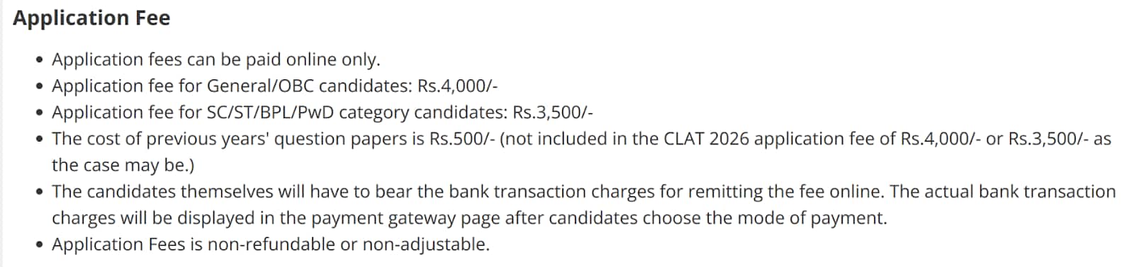 CLAT Application Form Fee