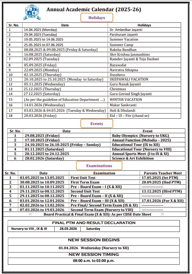 CBSE Academic Calendar 2025-26