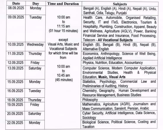 WBCHSE HS 3rd sem time table 2025