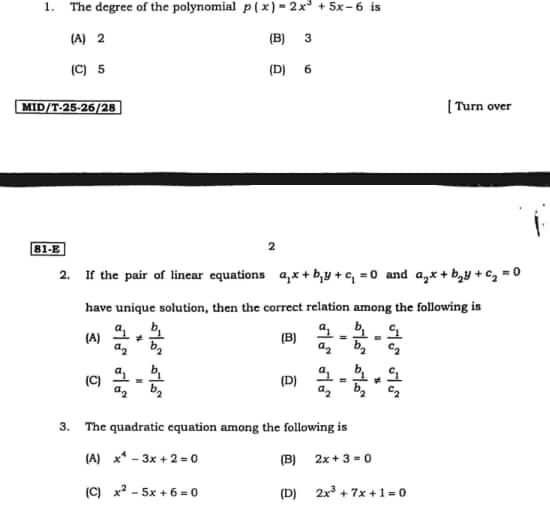 Karnataka SSLC Mid-Term Maths Question Paper 2025-26