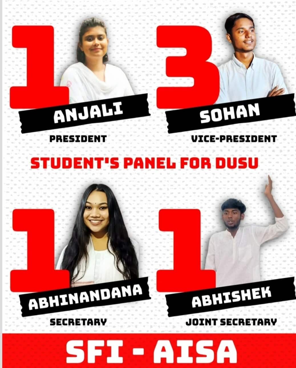 DUSU 2025 president list of SFI, AISA announced. 