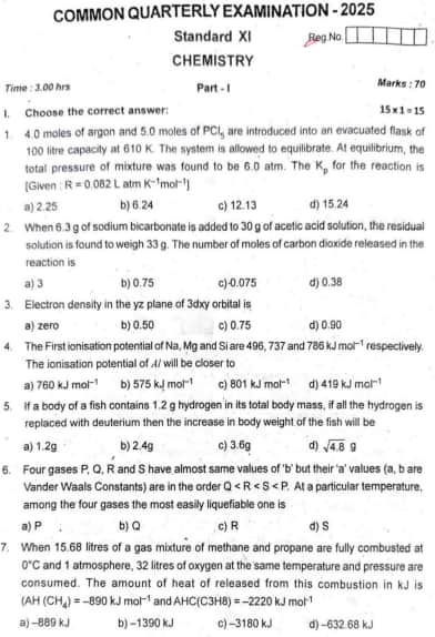 Tamil Nadu 11th Chemistry Quarterly Exam Question Paper 2025-26