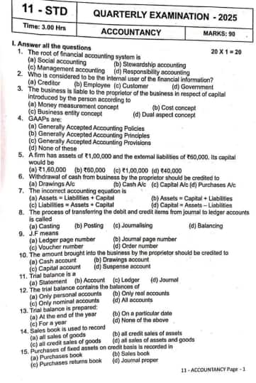 TN Class 11 Quarterly Accountancy Question Paper 2025-26