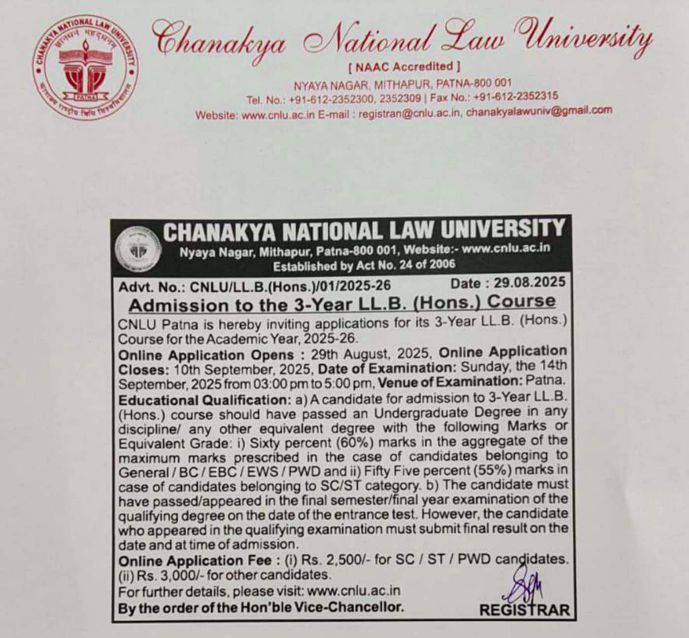 CNLU 3-Year LLB Press Release Notification