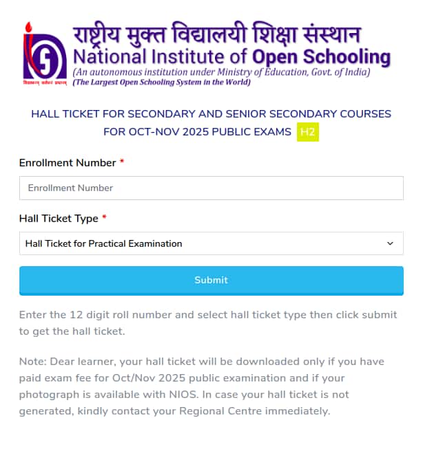 NIOS Practical Hall Ticket 2025