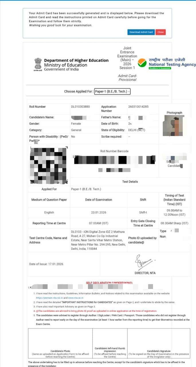 JEE Mains admit card 2026 released for January 21, 22, 23, 24 exams. 