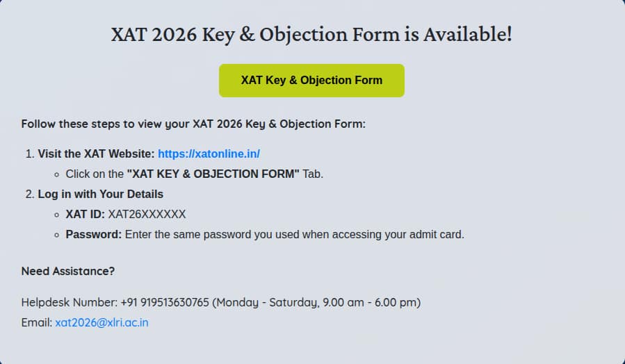 XAT 2026 answer key and objection window