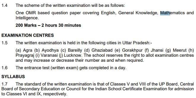 UP Sainik School Exam Pattern, Centre & Syllabus