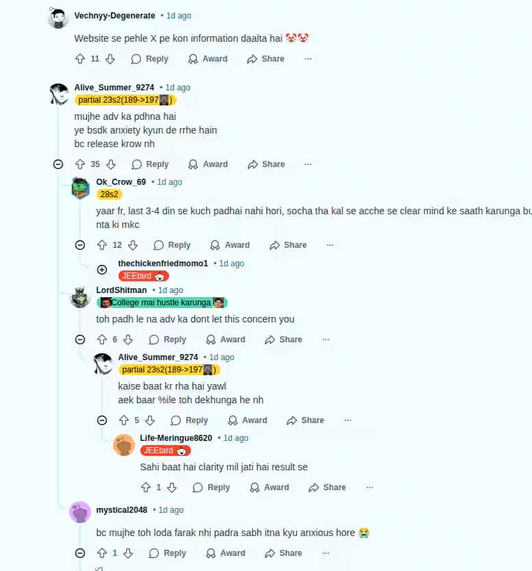 JEE Students' Reactions on Reddit