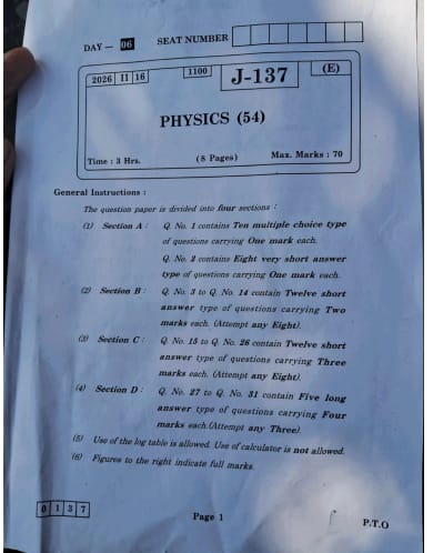 Maharashtra HSC Physics Question Paper 2026