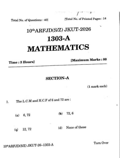 JKBOSE 10th Mathematics Question Paper 2026