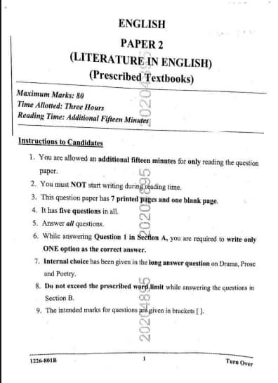 ISC 12th English Question Paper 2026- Paper 2
