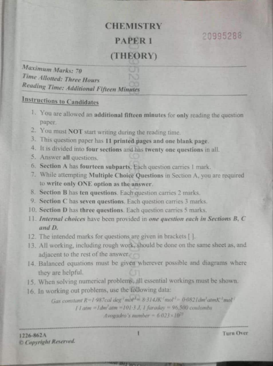 ISC Class 12 Chemistry Question Paper 2025-26